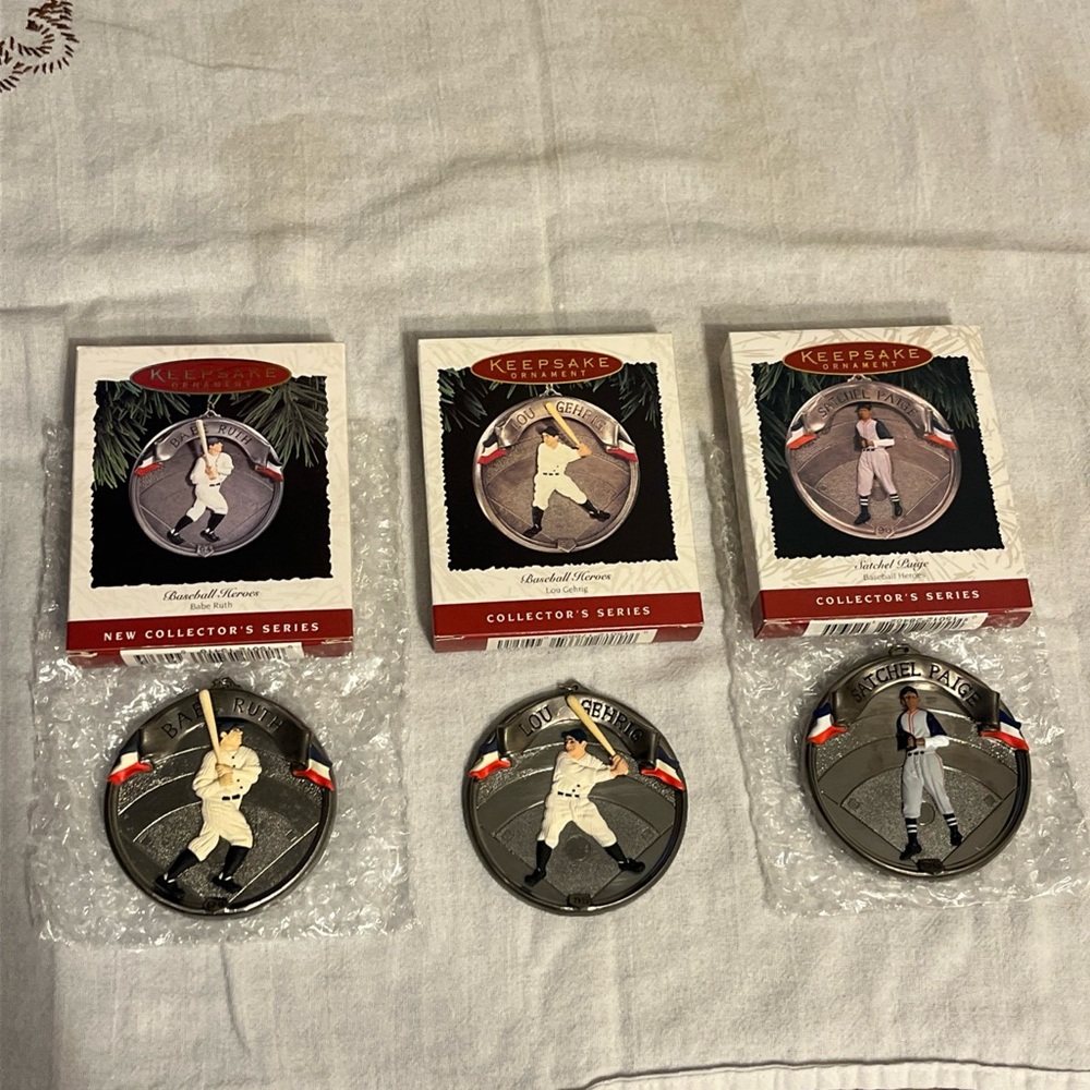 Hallmark Keepsake Baseball Legends Ornaments - #1 Ruth, #2 Gehrig & #3 Paige